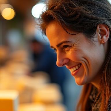 Headshot of Isabelle Dubois, a woman inspecting cheese at a market.