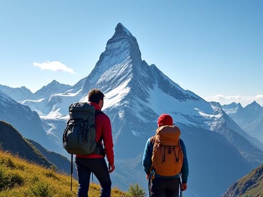 Hikers looking at the Matterhorn mountain peak.