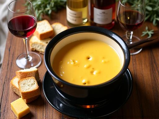 A cheese fondue pot surrounded by bread and wine.