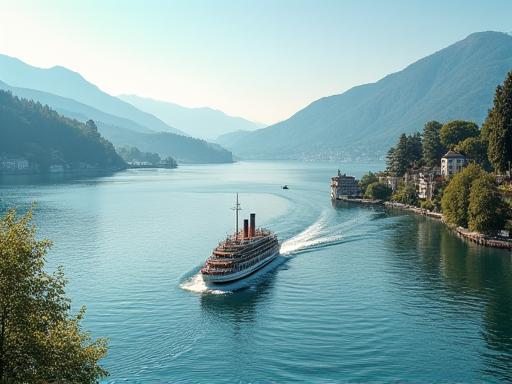 A scenic view of Lake Geneva with a classic steam boat.